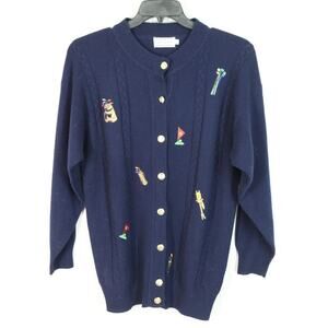 Vtg Lady Laura Golf Cardigan Sweater Women Navy Blue Embroidered Preppy SIZE